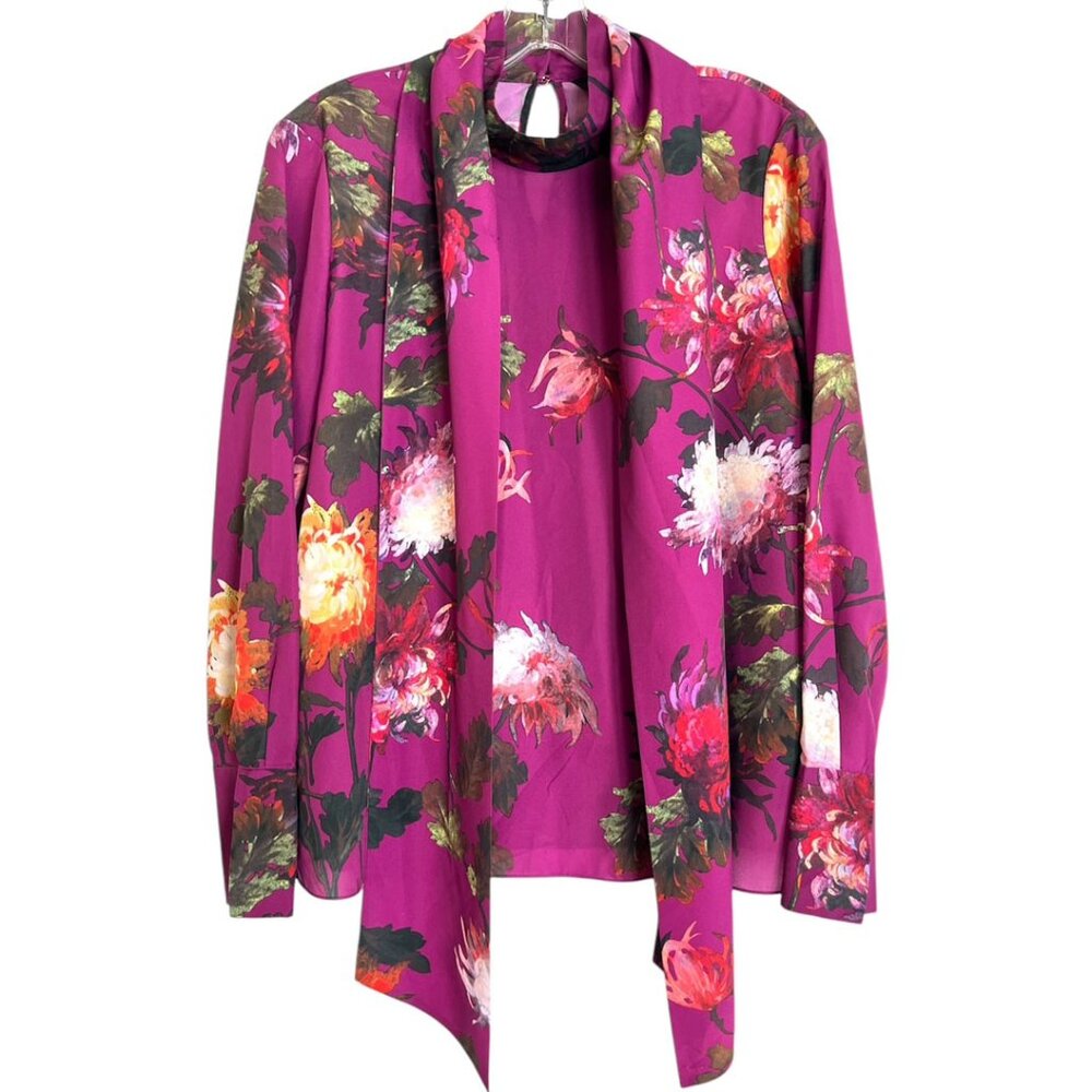 Ted Baker London Magenta Floral Tie-Neck Long Sleeve Blouse Size 2